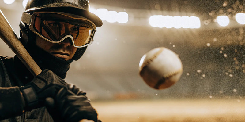 A baseball hitter wearing focus goggles during batting practice.