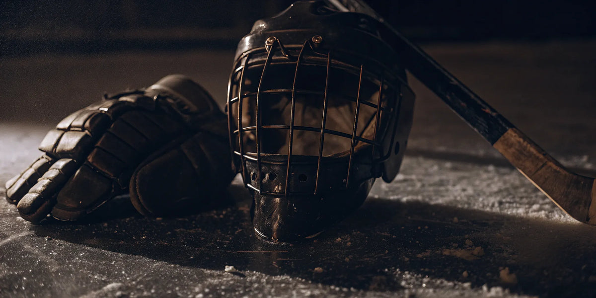 Hockey goalie's mask, glove, and stick. Essential training equipment.