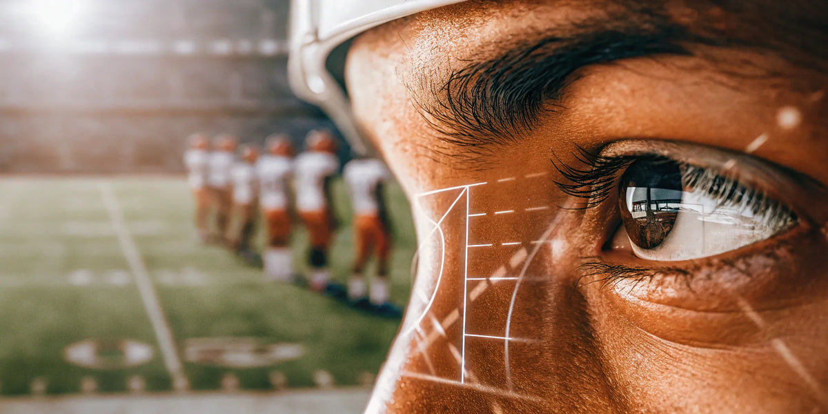 Athlete's eye focusing on the field as part of a sports vision assessment.